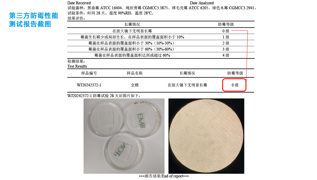 iHeir-Spray防霉抗菌剂防霉等级0级报告
